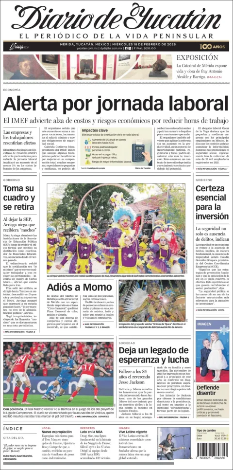 Portada de Diario de Yucatán del miércoles, 18 de febrero de 2026