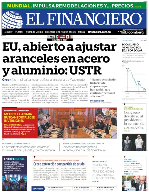 Portada de El Financiero del miércoles, 18 de febrero de 2026