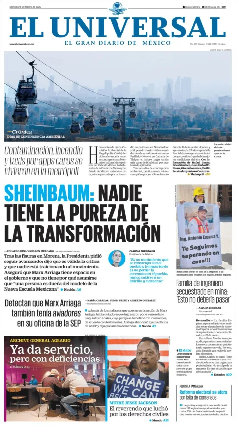 Portada de El Universal del miércoles, 18 de febrero de 2026