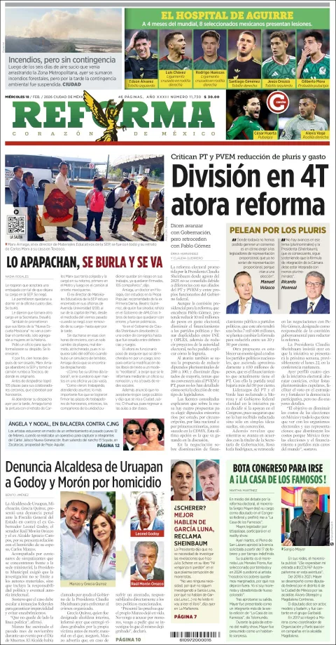 Portada de Reforma del miércoles, 18 de febrero de 2026