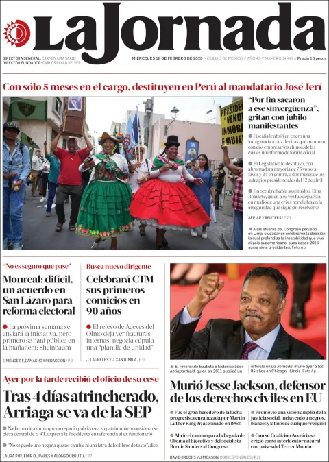 Portada de La Jornada del miércoles, 18 de febrero de 2026