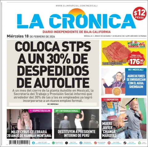 Portada de La Cronica del miércoles, 18 de febrero de 2026