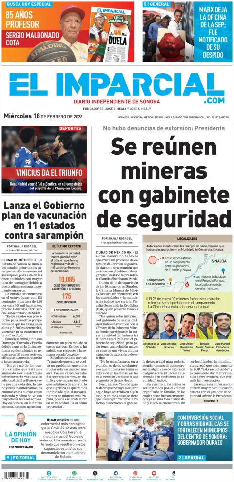 Portada de El Imparcial del miércoles, 18 de febrero de 2026