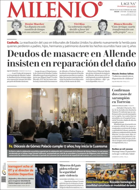 Portada de Milenio Laguna del miércoles, 18 de febrero de 2026