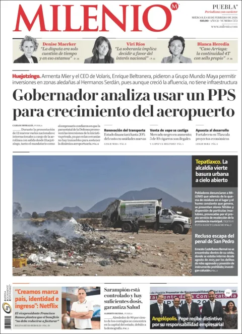 Portada de Milenio Puebla del miércoles, 18 de febrero de 2026
