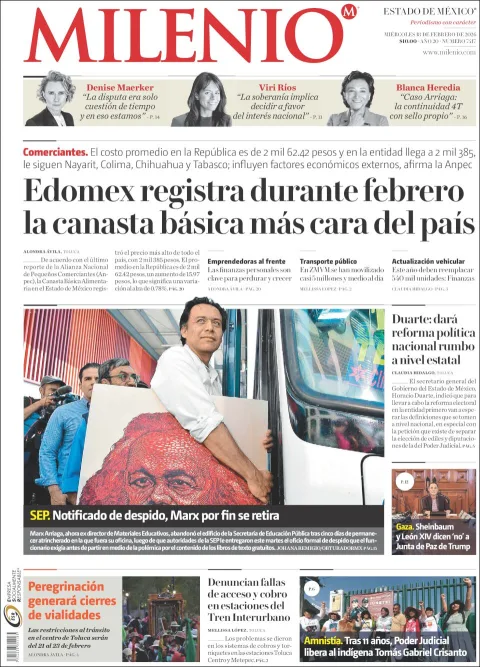 Portada de Milenio Edo de Mexico del miércoles, 18 de febrero de 2026