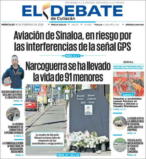 Portada de El Debate de Culiacan del miércoles, 18 de febrero de 2026