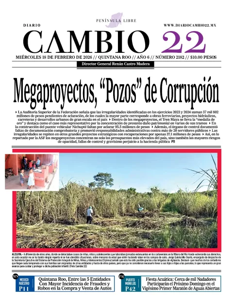 Portada de Diario Cambio 22 (contraportada) del miércoles, 18 de febrero de 2026
