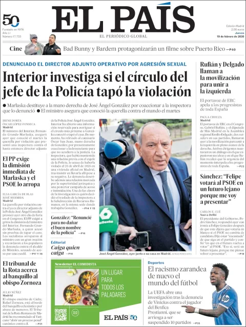 Portada de El Pais del jueves, 19 de febrero de 2026