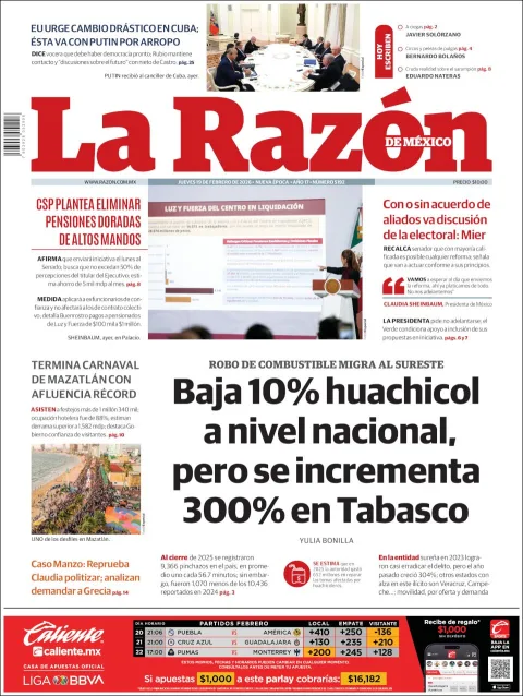 Portada de La Razon del jueves, 19 de febrero de 2026