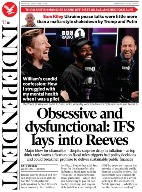 Portada de The Independent del jueves, 19 de febrero de 2026