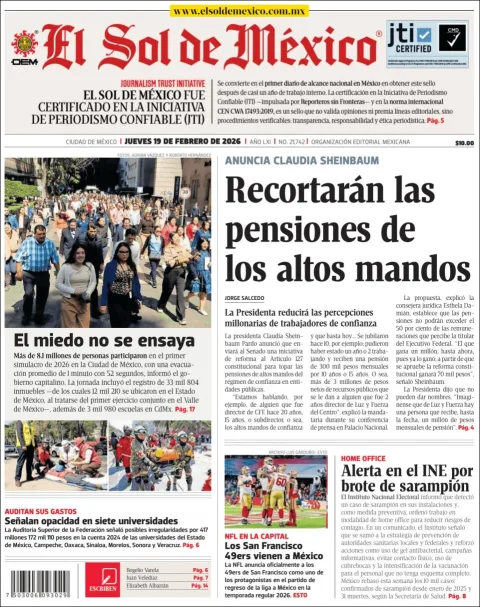 Portada de El Sol de Mexico del jueves, 19 de febrero de 2026