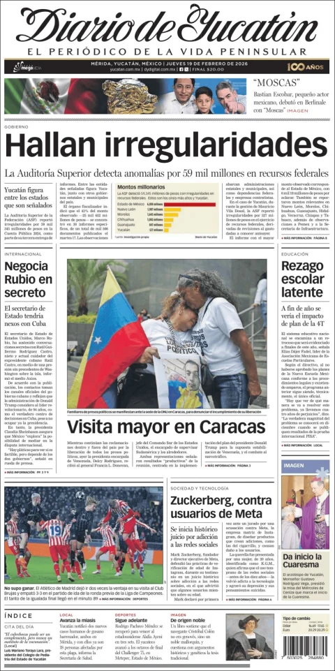 Portada de Diario de Yucatán del jueves, 19 de febrero de 2026