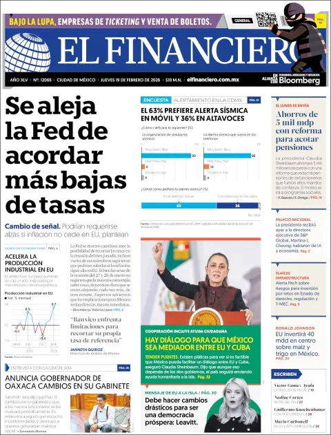 Portada de El Financiero del jueves, 19 de febrero de 2026