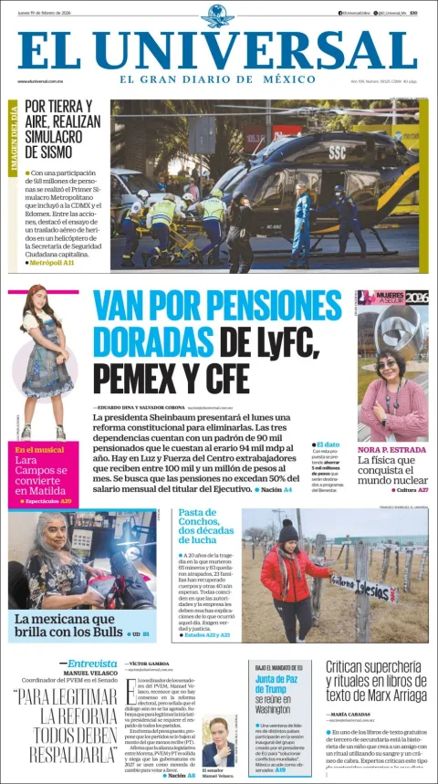 Portada de El Universal del jueves, 19 de febrero de 2026