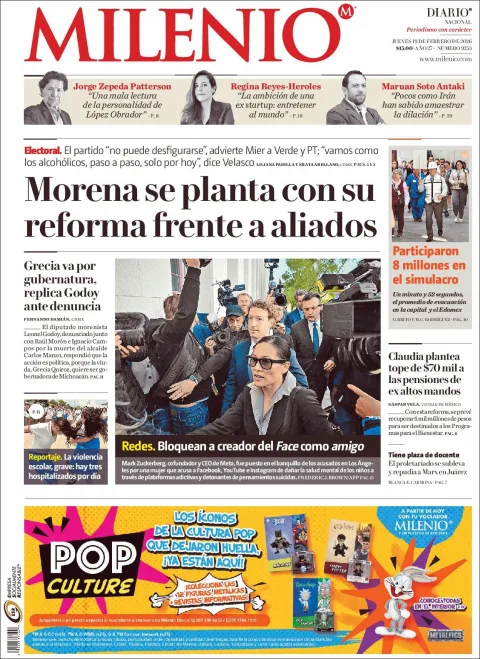 Portada de Milenio del jueves, 19 de febrero de 2026