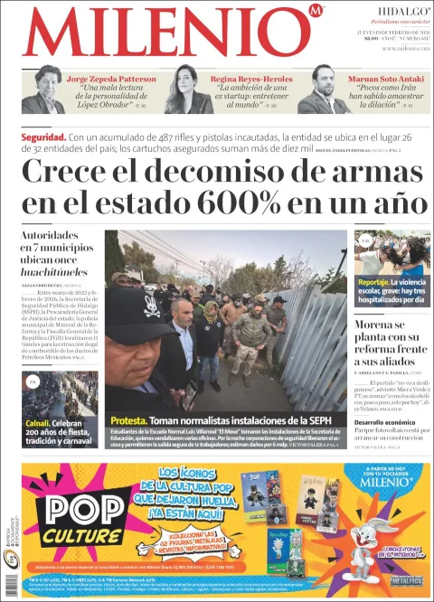 Portada de Milenio Hidalgo del jueves, 19 de febrero de 2026