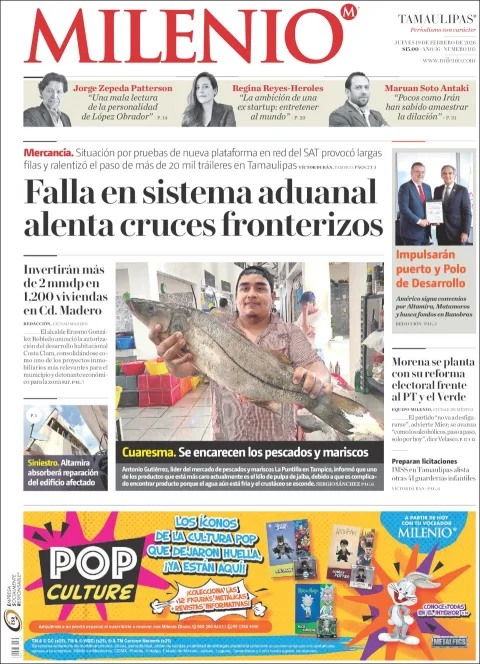 Portada de Milenio Tamaulipas del jueves, 19 de febrero de 2026