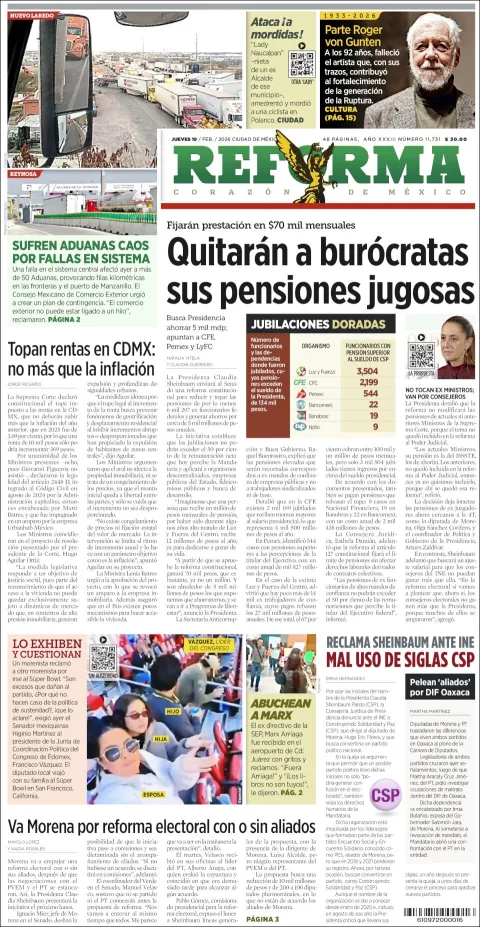 Portada de Reforma del jueves, 19 de febrero de 2026