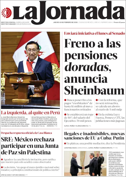 Portada de La Jornada del jueves, 19 de febrero de 2026