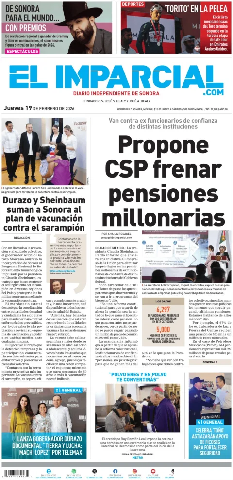 Portada de El Imparcial del jueves, 19 de febrero de 2026