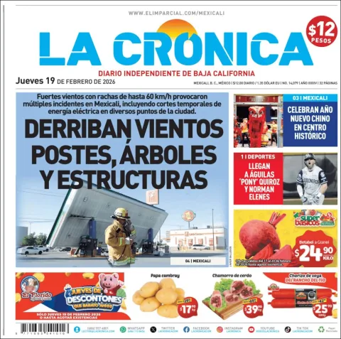 Portada de La Cronica del jueves, 19 de febrero de 2026