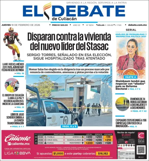 Portada de El Debate de Culiacan del jueves, 19 de febrero de 2026