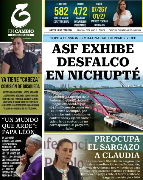 Portada de En Cambio - Quintana Roo (portada) del jueves, 19 de febrero de 2026