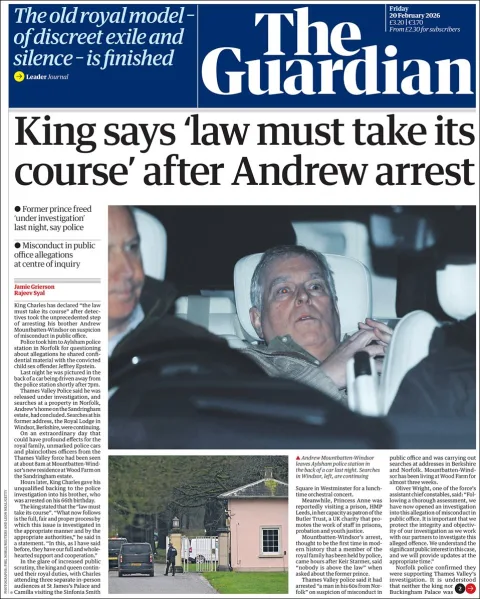 Portada de The Guardian (reino Unido) del viernes, 20 de febrero de 2026