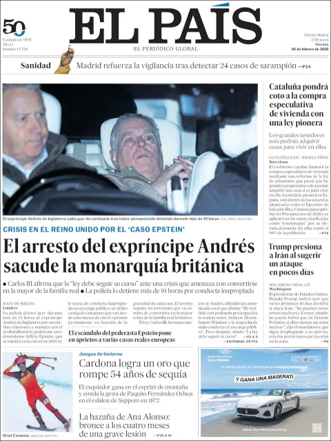 Portada de El Pais del viernes, 20 de febrero de 2026
