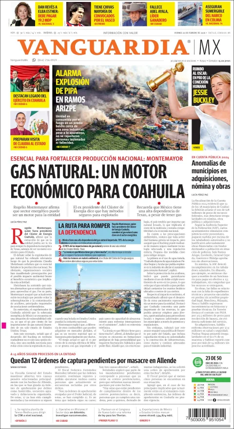 Portada de Vanguardia del viernes, 20 de febrero de 2026