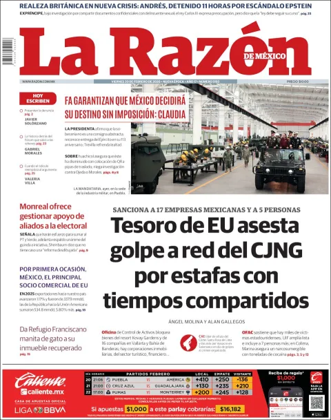 Portada de La Razon del viernes, 20 de febrero de 2026