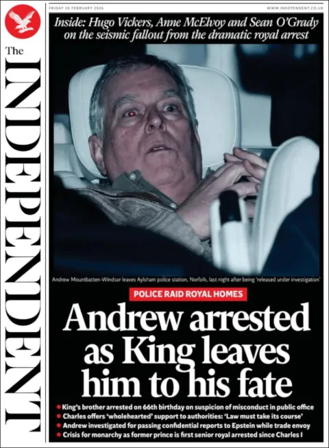 Portada de The Independent del viernes, 20 de febrero de 2026