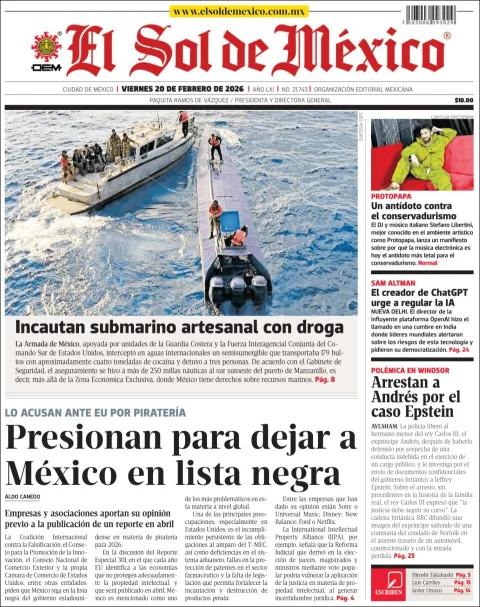 Portada de El Sol de Mexico del viernes, 20 de febrero de 2026