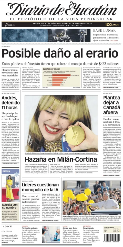 Portada de Diario de Yucatán del viernes, 20 de febrero de 2026
