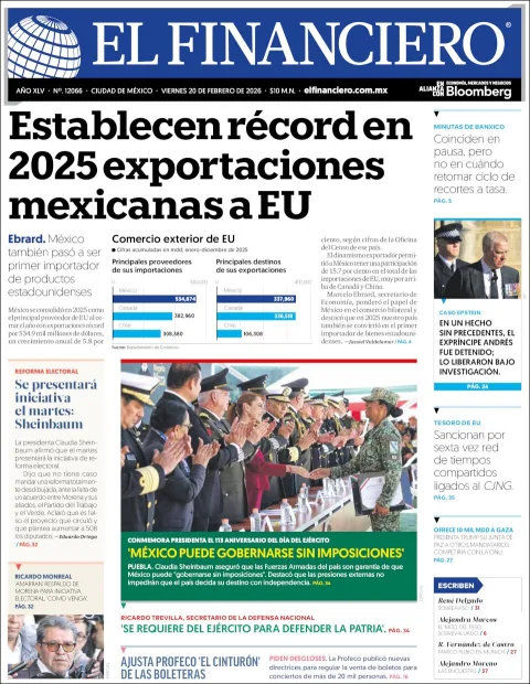 Portada de El Financiero del viernes, 20 de febrero de 2026