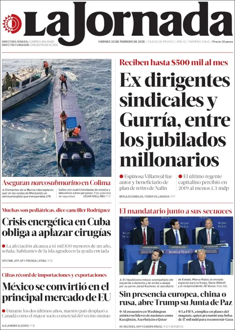 Portada de La Jornada del viernes, 20 de febrero de 2026
