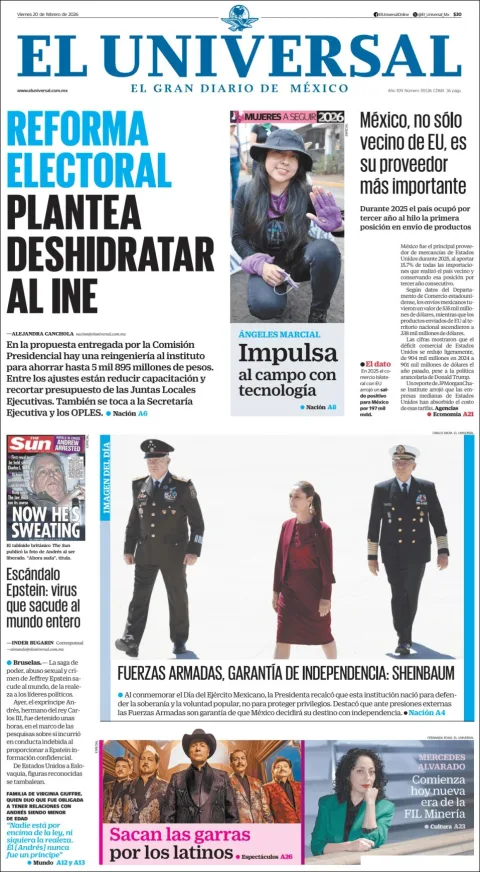 Portada de El Universal del viernes, 20 de febrero de 2026