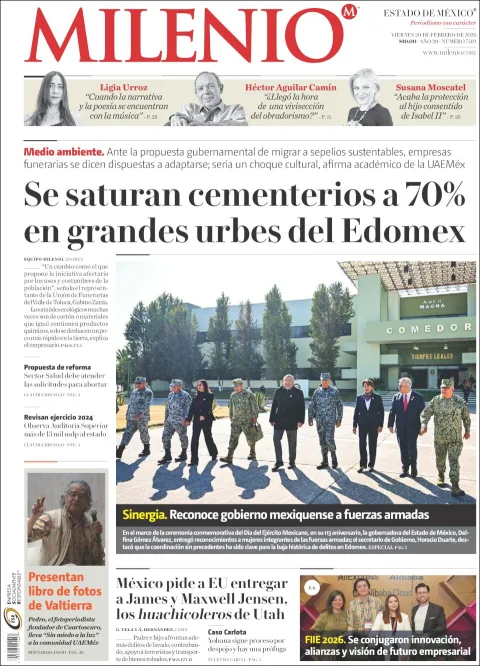 Portada de Milenio Edo de Mexico del viernes, 20 de febrero de 2026