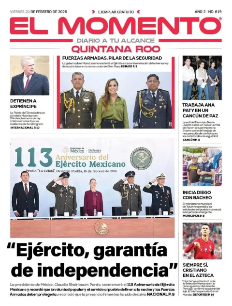 Portada de El Momento Quintana Roo del viernes, 20 de febrero de 2026