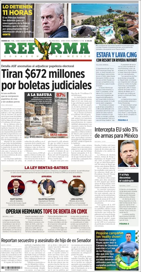 Portada de Reforma del viernes, 20 de febrero de 2026