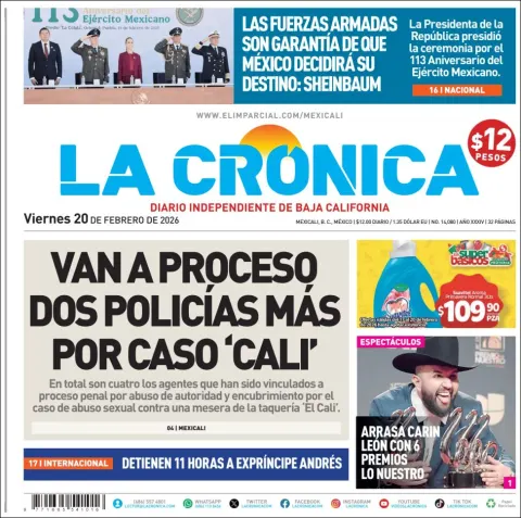 Portada de La Cronica del viernes, 20 de febrero de 2026