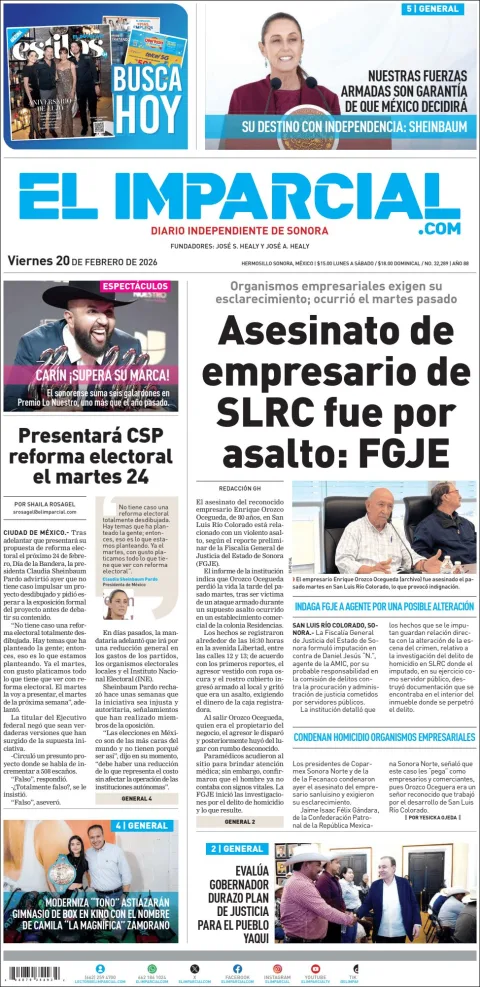 Portada de El Imparcial del viernes, 20 de febrero de 2026