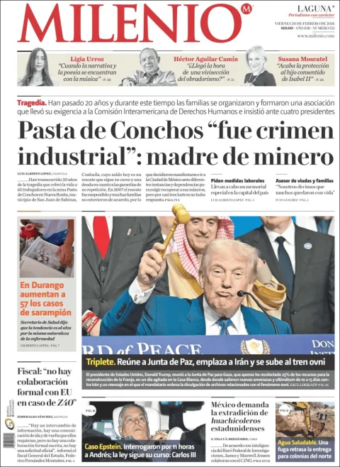 Portada de Milenio Laguna del viernes, 20 de febrero de 2026