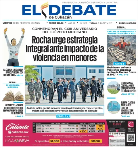 Portada de El Debate de Culiacan del viernes, 20 de febrero de 2026