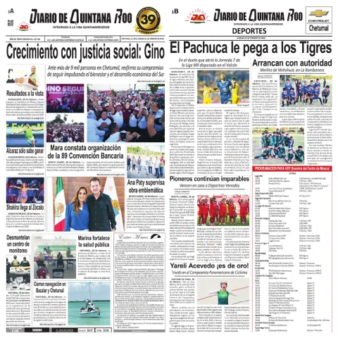 Portada de Diario de Quintana Roo (portada) del sábado, 21 de febrero de 2026