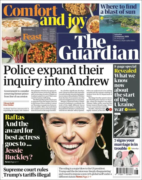 Portada de The Guardian (reino Unido) del sábado, 21 de febrero de 2026
