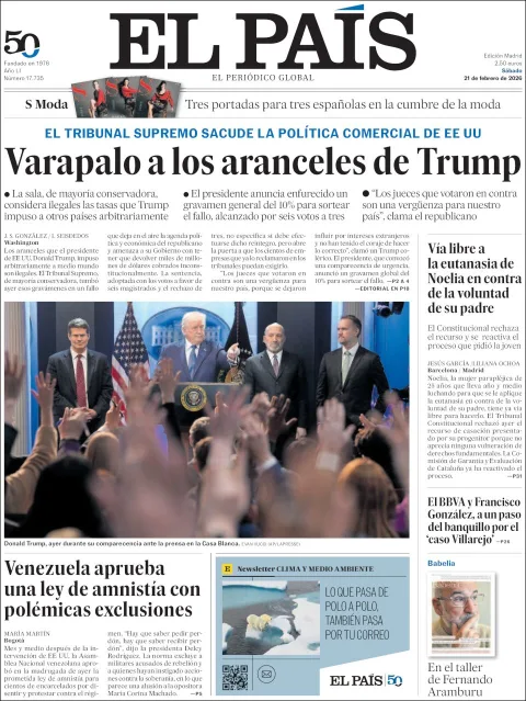 Portada de El Pais del sábado, 21 de febrero de 2026