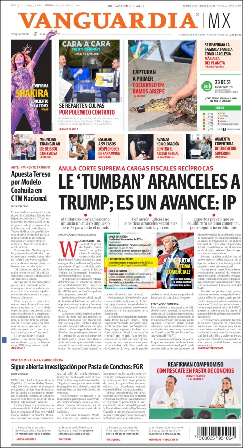 Portada de Vanguardia del sábado, 21 de febrero de 2026