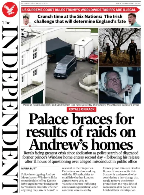 Portada de The Independent del sábado, 21 de febrero de 2026